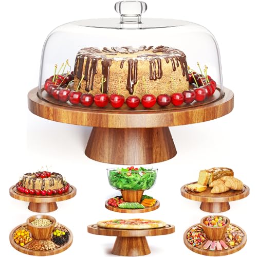Aofure Présentoir à gâteau 2 en 1 en bois d'acacia avec couvercle, présentoir à gâteau et planche à charcuterie pour fête, assiette à gâteau avec dôme, présentoir à gâteaux avec couvercle en