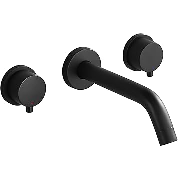 AIMASHA Matte Black Bathroom Faucet-Double Handle Wall Mount Brass Basin Mixer and Rough-in Valve Included and Rough in Valve Included 5720