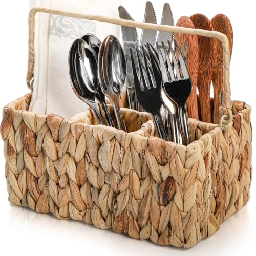 Pumtus Wicker Flatware Organizer, Woven Divided Utensil Caddy, Water Hyacinth Cutlery Holder, Picnic Silverware Flatware Storage Basket Carrier with Handle for Countertop, Forks, Knives, Spoons