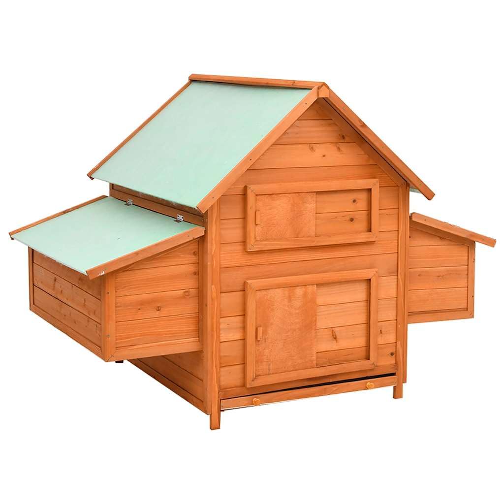 Pollaio in legno di abete massiccio, 150 x 96 x 110 cm, con 2 nidificatori, vasca da pavimento, porta, finestra, tetto impermeabile per giardino ed esterno