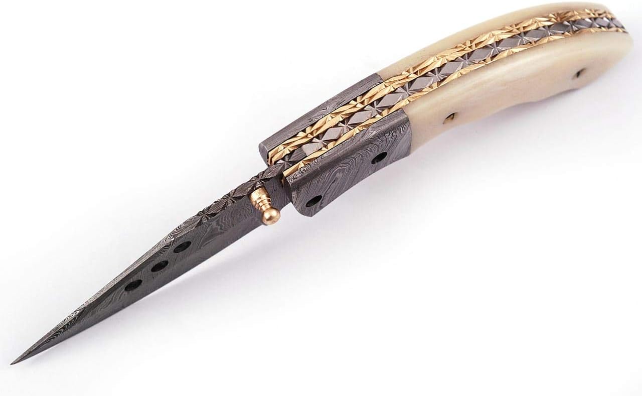 5079B Custom Damascus Steel Folding Pocket Knife Cool Camping Knife Unique Damascus Blade Pattern 5079B (White)