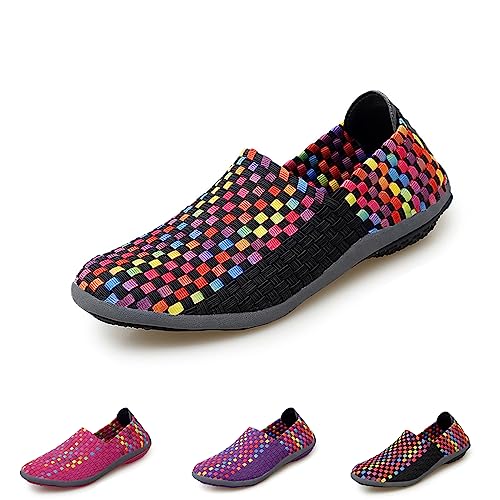 DESESE Women's Elastic Woven Walking Shoes Fashion Non-Slip Flats Sneakers Lightweight Slip On Casual Shoes Multicolor Woven Walking Shoes Elastic Walking Shoes Slip on Sneakers