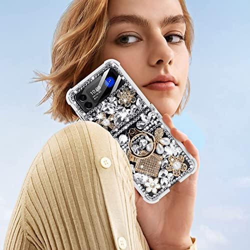 FODDOM for Samsung Galaxy Z Flip 4 5G Case with Ring & Pearl Strap, 3D Handmade Sparkle Stunning Stones Crystal Diamond Bling Glitter Phone Case for Samsung Galaxy Z Flip 4 5G