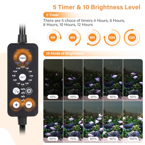 hygger Submersible LED Aquarium Light, 8W 7 in 24/7 Mode Fish Tank Light with 5 Rows Beads, with Timer 9 Colors and Adjustable Brightness, Full Spectrum IP68 Waterproof Light for Fish Tank 8-17 inch - Image 4