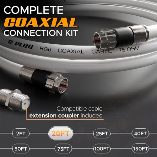 Image of G-PLUG 20FT RG6 Coaxial Cable Connectors Set - High-Speed Internet, Broadband and Digital TV Aerial, Satellite Sky Cable Extension- Weather-Sealed Double Rubber O-Ring and Compression Connectors White