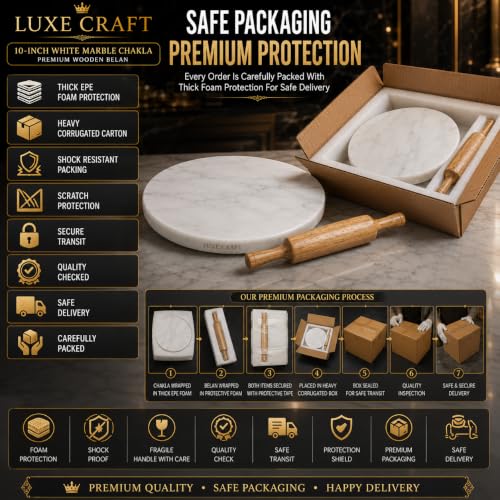 Image of 10 Inch White Marble Chakla Belan Set with Wooden Rolling Pin | Marble Roti Rolling Board | Chapati Maker Phulka Maker & Paratha Making Board | Heavy Duty Smooth Finish Stone Chakla for Home & Kitchen
