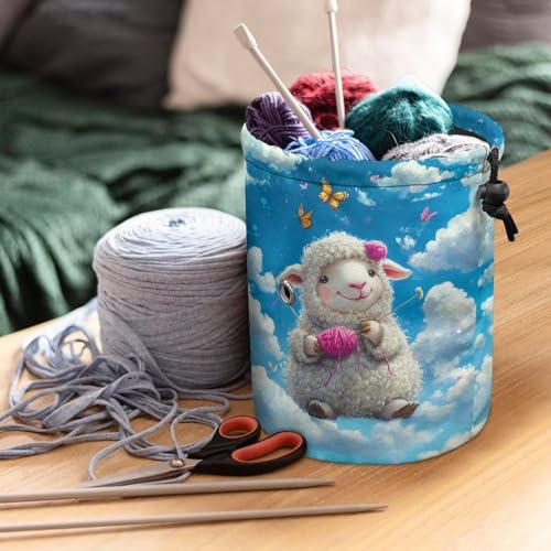 Image of Sellikakes Yarn Bag with Drawstring, Cute Sheep Knitting Crochet Tote Bag Yarn Storage Bags Organizer Crochet Accessories for Crocheting Project, Store Skein Ball,Short Knitting Needles