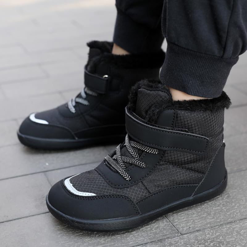 Kinder Winter Barfußschuhe Jungen Mädchen Rutschfest Schneestiefel mit Breite Zehenbox Kinder Outdoor Winterschuhe Gr.25-36