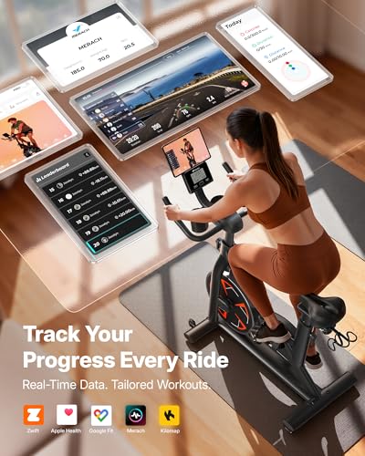 Image of Merach Magnetic Exercise Bike, Low Noise Stationary Bike for Home with Comfortable Seat Cushion, Spinning Bike with 330 lb Weight Capacity, Exclusive App, Tablet Mount and Fitness Courses