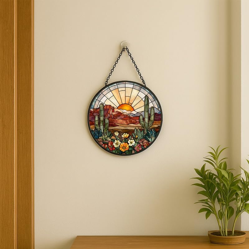 Desert Cactus Stained Glass Window Hanging - Sun Catchers Indoor Window Stained Glass Panels Wall Decor for Mom，Wife，Lovers -358