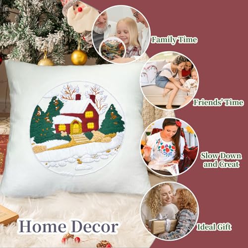 Image of FONNUY Christmas Embroidery Kit for Beginners, Throw Pillow Case Cross Stitch Set Winter Snow House Holly Tree Pattern for Adults, Hand Works Crafts Throw Pillow Cover, 18 x 18'' (White)