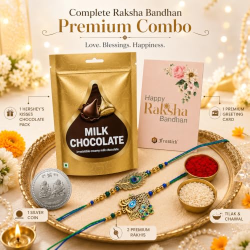 Image of Frostick Rakhi Gift Set for Brother with Kisses Chocolate Includes Set of 2 Premium Rakhis Card and Tikka Ideal Raksha Bandhan Combo for Bhaiya Boys, Kids and Men