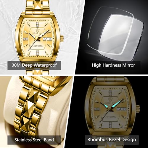 Image of BINBOND Square Watches for Women Analog Quartz Day Date Ladies Wrist Watch Diamond Stylish Stainless Steel Dress Womens Watch Elegant Luminous Waterproof