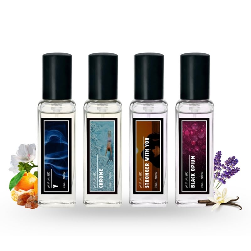 Image of Set of 4 Long-Lasting Perfumes for Men & Women | Y, Chrome, Stronger With You & Black Opium Fragrances | Fresh, Light & Dominating Scents | Travel Friendly Perfume| Perfume Gift Set for Him (4 x 20ml)