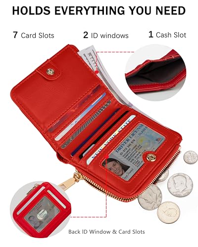 Image of Small Bifold Wallets Woman RFID Mini Wallet for Women Slim Card Holder with Zipper Coin Pocket & 2 ID Windows (Red)