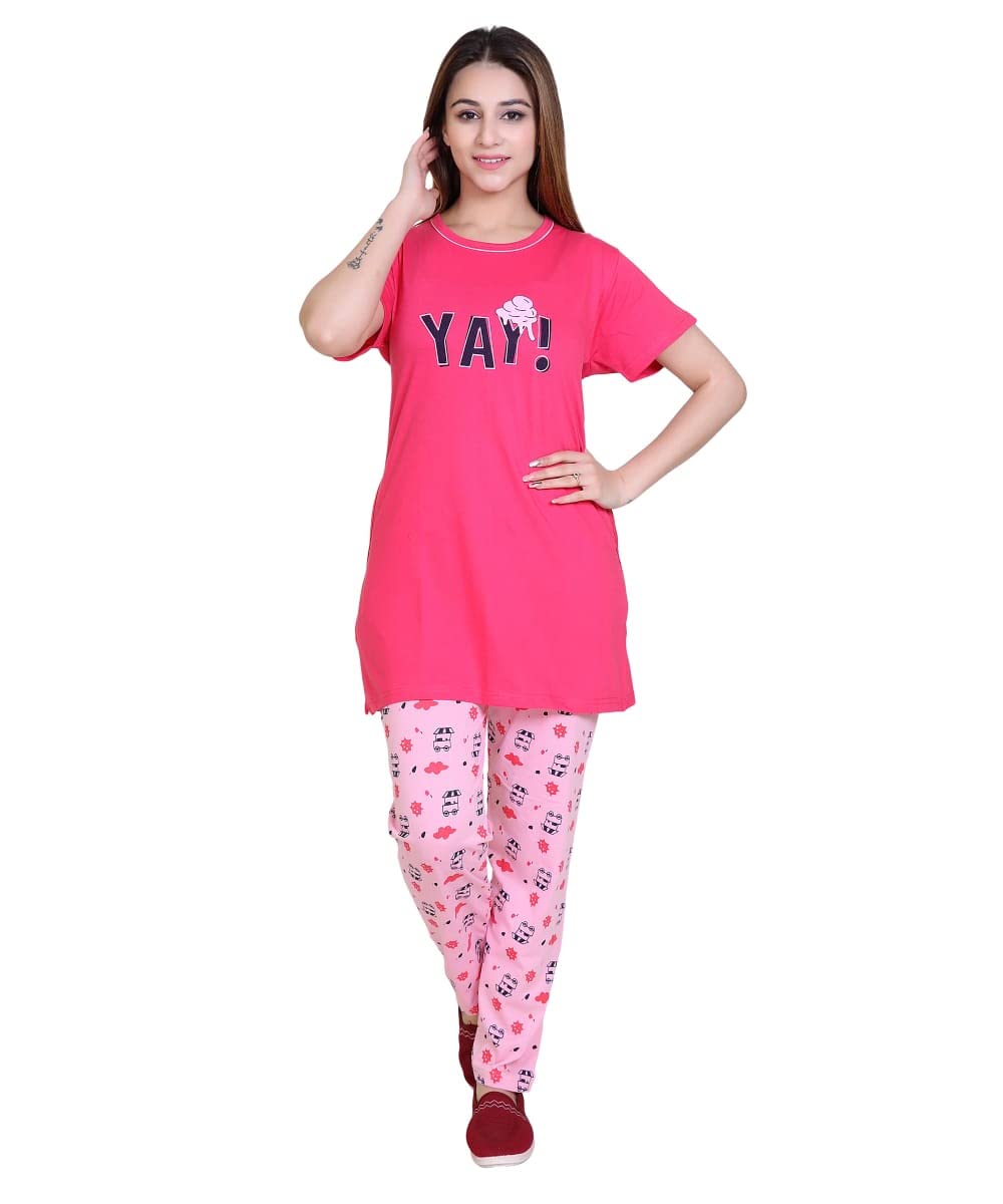 Women Cotton Printed Night Suit, Pink-image-1