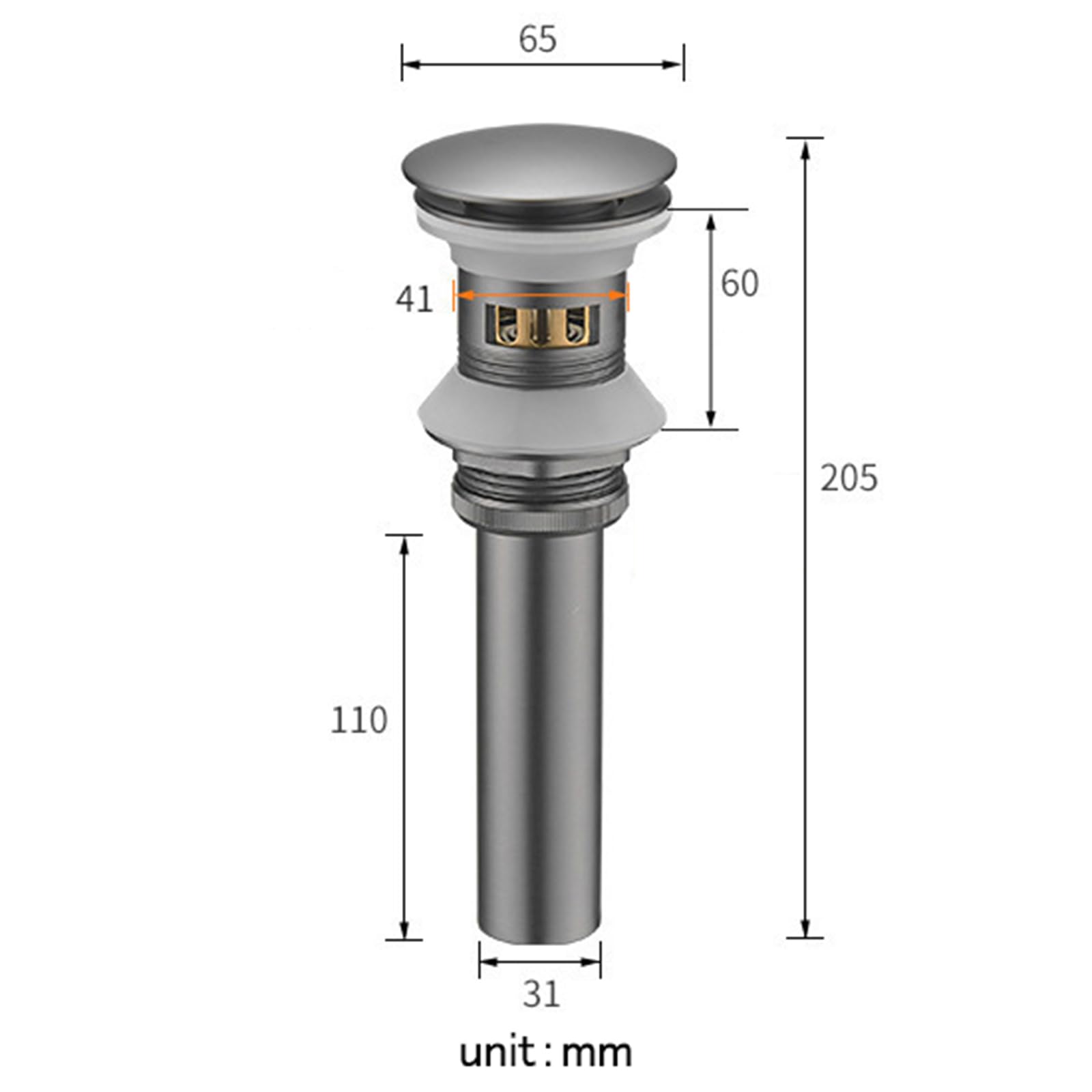 Spülbecken-Pop-up-Ablaufstopfen, Pop-Up-Waschbecken und Stöpsel, Abfluss komplett aus Kupfer, Gun Grey, mit Überlaufloch(with Overflow Hole)