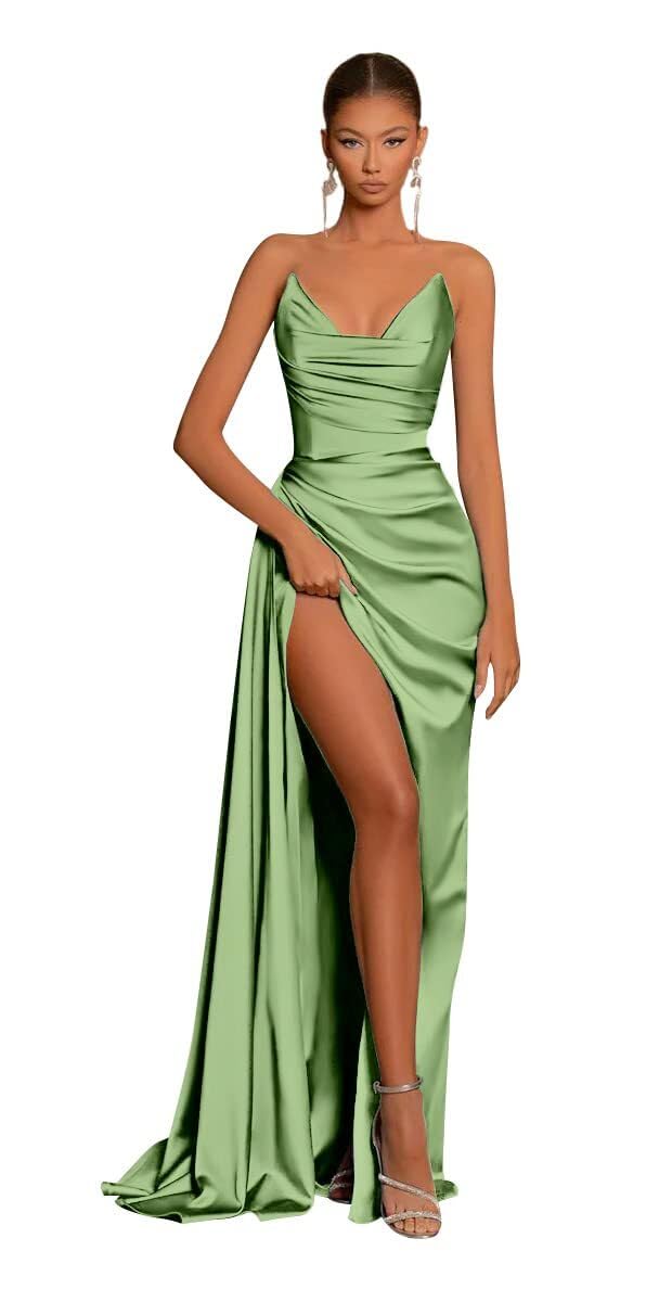 Vestido largo de satén para dama de honor, sin tirantes, plisado, formal, vestido de invitada de boda con abertura B004