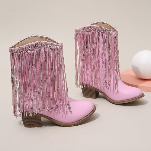 Girls Mid Calf Boots Kids Boots Tassel Sequin Princess Boots Low Heel Fall Boots Lightweight Slip On Cowgirl boots3
