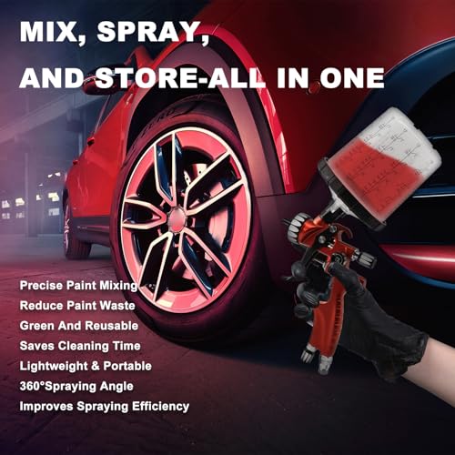 Image of RRJ Disposable Paint Cup Spray Gun Cup, Paint System for LVLP and HVLP Spray Gun Kit 600 ML Mixing Cup with 50 Cups Liners and Lids, 1 Hard Cup with Retainer Ring, 2 Cup Adapter, Stirrer