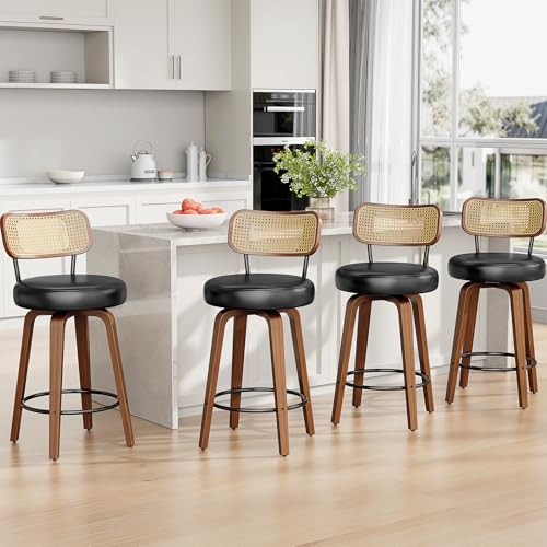 Image of YaFiti Swivel Bar Stools Set of 4, 26 inch Upholstered Barstools with Rattan Backs and Wood Legs, Modern PU Leather Counter Height Bar Chairs for Kitchen Island, Black