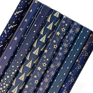 8 Sheets Christmas Wrapping Paper,43 * 100CM Blue and Gold Gift Wrapping Paper with 8 Different Patterns Packing in a Roll,Recyclable Wrapping Paper for Christmas (Blue and Gold)