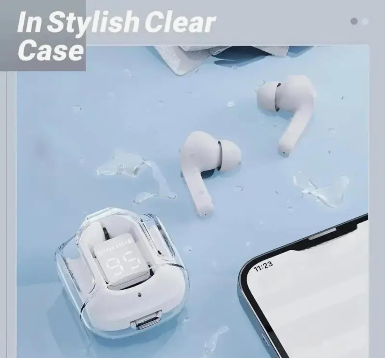 Earbuds and case in a clear setting with water droplets