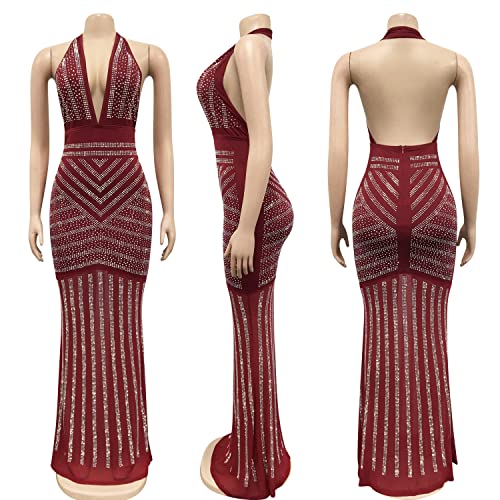 Image of PORRCEY Women's Sexy Deep V Neck Backless Rhinestone Dresses Sexy Long Mermaid Evening Dress(3816,Wine Red,XL)