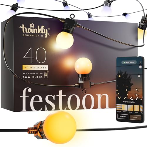 Twinkly Festoon 40 LED Bianchi, Catena Luminosa con 40 Lampadine LED, Luci Esterno e Interno da Bianco Caldo a Freddo, Compatibile con Alexa, Google Home, IP44, Controllata da App, Cavo Nero, 20m
