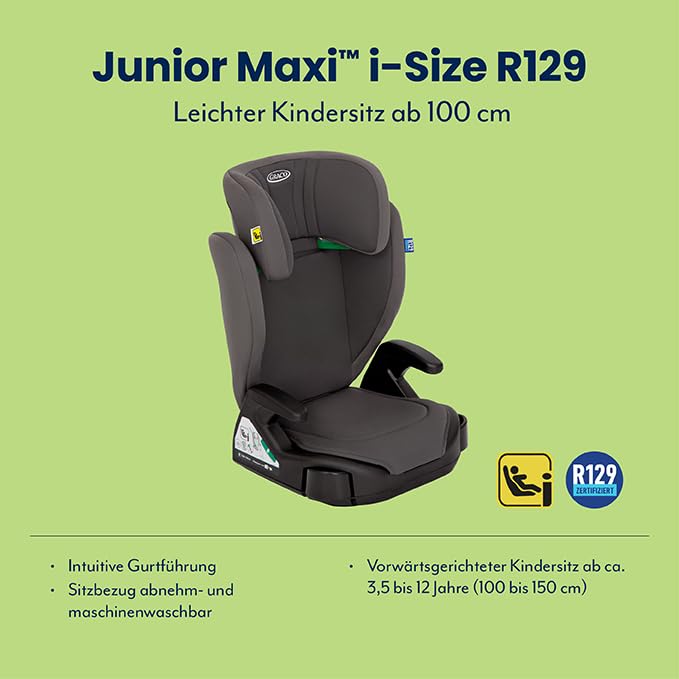 Graco Junior Maxi™ i-Size R129 Kindersitz, ca. 3,5 bis 12 Jahre (100 bis 150 cm), Kindersitzerhöhung, Kopfstütze höhenverstellbar, leicht, mit Getränkehalter, grau, Iron