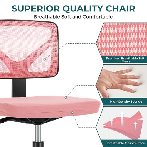 Image of DUMOS Small Office Chair Armless, Ergonomic Adjustable Home Office Swivel Rolling Task Chair No Arms, Comfy Mesh Mid Back Computer Work Vanity Desk Chiars with Wheels for Small Spaces, Hot Pink
