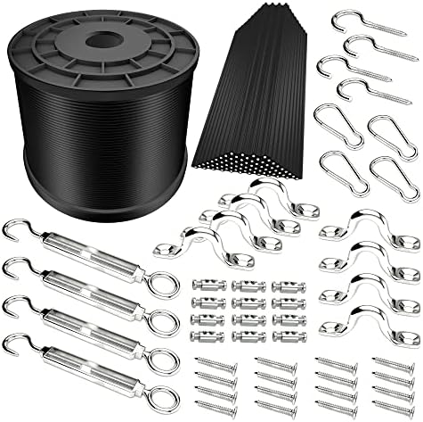 YQL Outdoor Lights Hanging Kit,Globe String Lights Suspension Kit,164ft Black Vinyl-Coated 304 Stainless Steel Cable,String Light Guide Wire,Hook & Eye Turnbuckle Wire Rope Tension