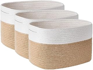 Otoomenz Set of 3 Cotton Rope Storage Basket,Woven Nursery Storage Basket Shelf Baskets with Handles,Toy Basket Storage Bathroom Storage Baskets for Make up Cupboard Drawer Closet Shelf