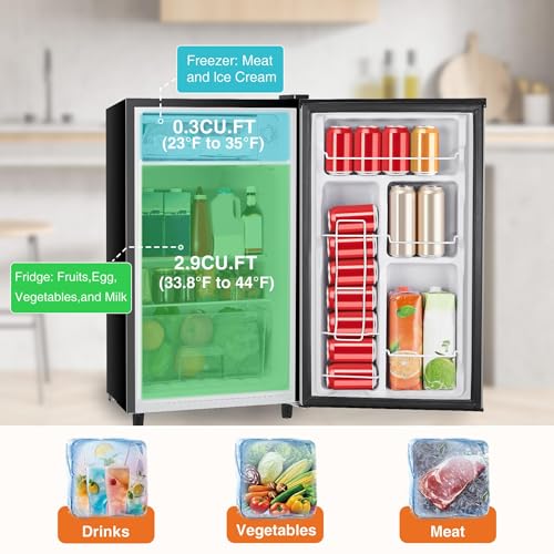 Sweetcrispy 3.2 Cu.Ft Mini Fridge with Freezer Small Refrigerator Single Door Adjustable Thermostat Energy-efficient Low Noise, Compact Fridge for Bedroom, Office, Dorm (Silver Door)