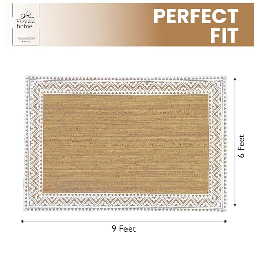 Image of voyzz home 6X9-feet Rectangular, Premium Quality Jute Braided Area Rug, White Printed Border, Stain Resistance, Natural Brown, Handmade Rug for Entryways, Living Room, Dining Room, Bedroom, Farmhouse