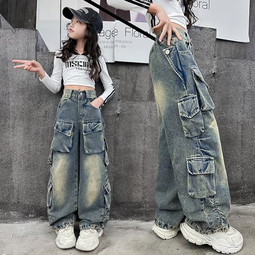 Rolanko Girls Cargo Pants Baggy Y2K Cargo Trousers Jeans Wide Leg Pants with Multi Pockets 4-15 Years4