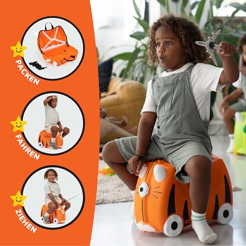 Trunki Handgepäck und Kinderkoffer zum Draufsitzen | Kinder Risen Geschenk für Mädchen und Jungen | Trolley Tipu Tiger (Orange)