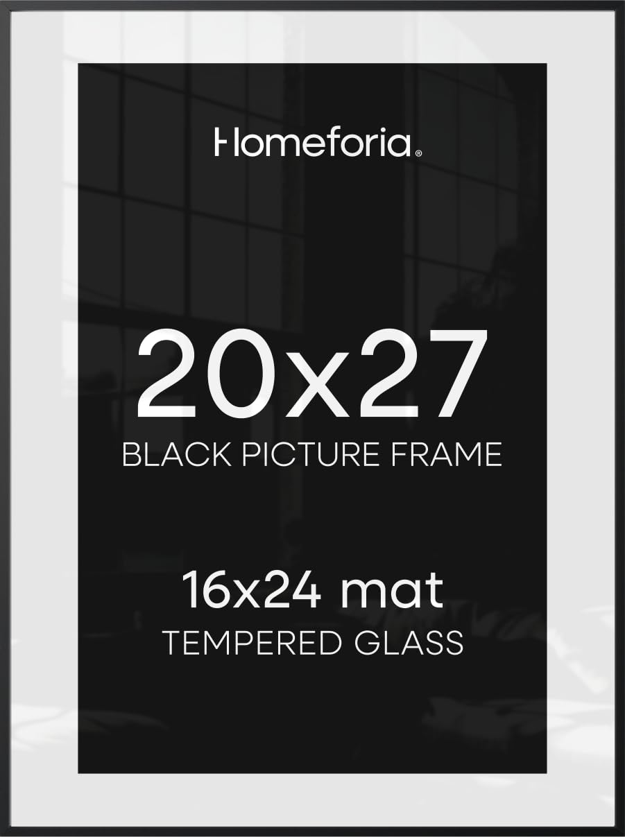 Homeforia 20x27 Black Picture Frame, High-End Metal, 16x24 Mat, Glass
