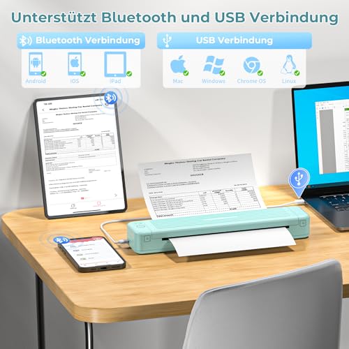 ASprink Mobiler Drucker A4 für Unterwegs, Thermodrucker A4 P831 für US Letter/A4/B5/A5, 300DPI Drucker Klein Kompakt für Normalpapier/Thermopapier mit 1 P831 Use Ribbon - Grün