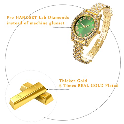 Image of Halukakah Diamonds Gold Watch Iced Out, Kid's 18K Real Gold /Platinum White Gold Plated 36MM Width Green /Blue /Red Dial Quartz Wristband 8 inch with Cuban Link Chain 7 inch+16 inch Bracelet, Free Giftbox
