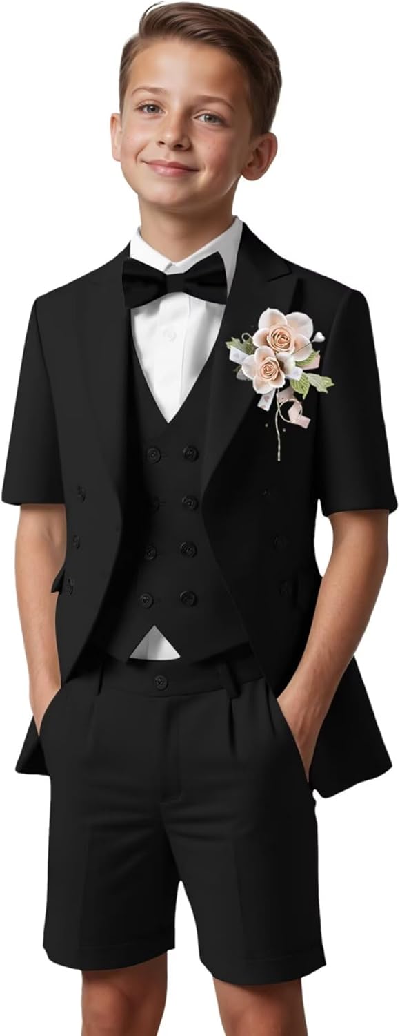 Short Suits for Boys 3 Piece Kids Suits Tuxedo for Boys Short Suit Jacket Vest Shorts Pant Set Summer Beach Wedding