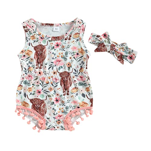 Image of Karuedoo Western Baby Girl Clothes Cow Print Sleeveless Romper Pom Pom Bodysuit One Piece Jumpsuit Outfit with Headband(A-Pink,0-3 Months)