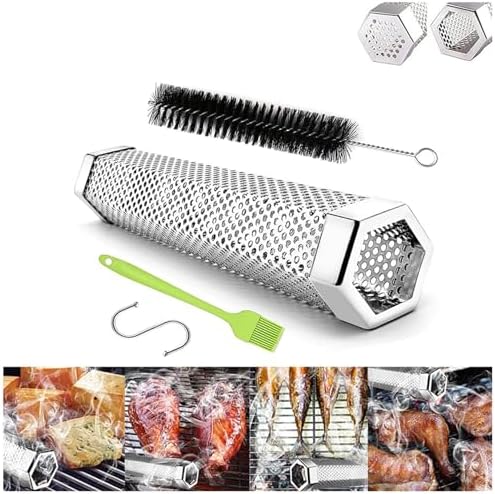 12'' Grill Basket with 2PCS Hooks & Cleaning Brush Stainless Steel Large Round Grilling Basket Portable Rolling Grilling Basket Outdoor Camping BBQ Grill Mesh
