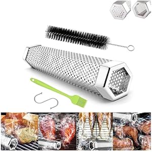 12'' Grill Basket with 2PCS Hooks & Cleaning Brush Stainless Steel Large Round Grilling Basket Portable Rolling Grilling Basket Outdoor Camping BBQ Grill Mesh