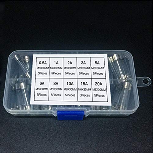 Markcur 50 Stück Glas Feinsicherung Set 6 x 30mm Glasrohrsicherung Sortiment Glassicherung mit Aufbewahrungbox Cover