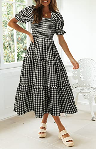 Image of ZESICA Women's 2026 Boho Summer Dresses Gingham Puff Sleeve Square Neck Flowy Beach Midi Dress