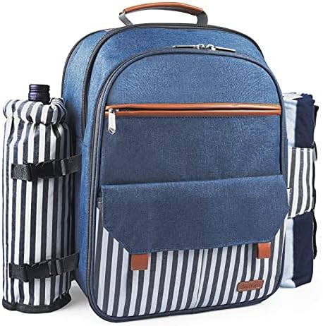 Sunflora Insulated Picnic Backpack for 2 Person Bag with Cooler Compartment, Wine pouch, Blanket and Stainless Steel Cutlery Set for Couple, Lovers and Friends (Blue & Stripe)
