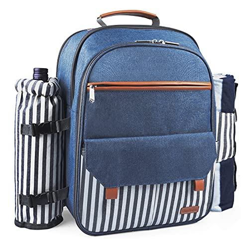 Sunflora Insulated Picnic Backpack For 2 Person Bag With Cooler Compartment, Blanket And Stainless Steel Cutlery Set For Couple, Lovers And Friends (Blue & Stripe) #TOP1