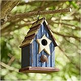 Glitzhome Birdhouses for Outdoors, 9' H Patriotic Hanging Bird House Distressed Solid Wood Cottage Design with 3D Star, Garden Birdhouse for Bluebird Hummingbird Wren Finch Cardinals Cedar