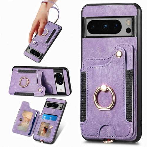 for Google Pixel 8 Pro Phone Case Wallet with Card Holder PU Leather Flip Folio Case RFID Blocking Ring Holder Kickstand Wrist Strap Magnetic Protective Women Men Cover for Google Pixel 8 Pro Purple